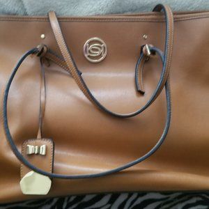 bebe cognac brown 100% leather tote handbag